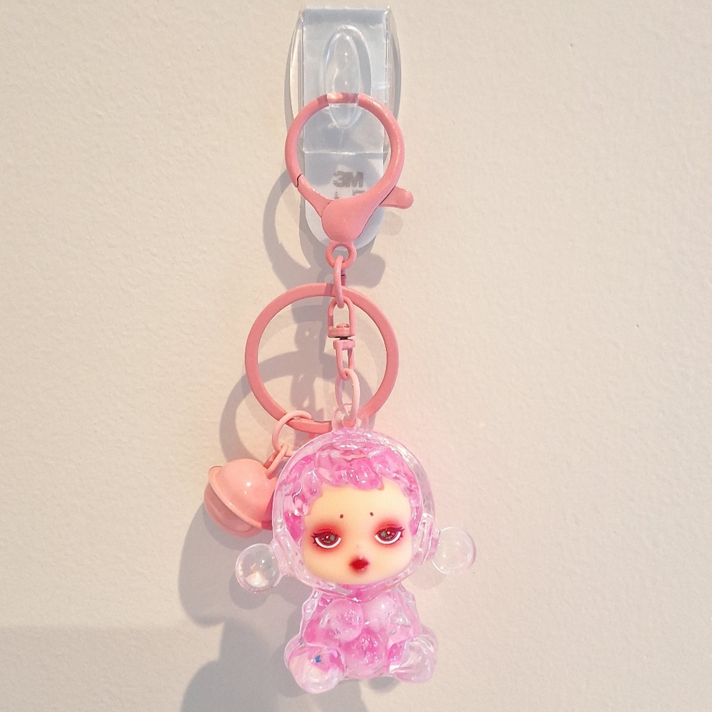 Skullpanda Pink Beaded Liquid Filled Shaker Keychain Bagcharm With Bell, NEW